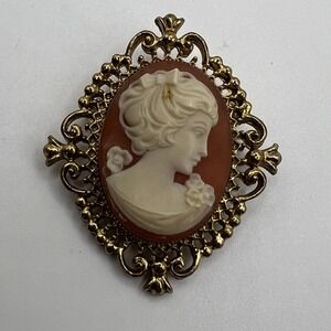 Vintage Cameo Brooch Pin Gold Tone Filigree Oval Lady Portrait Victorian Style